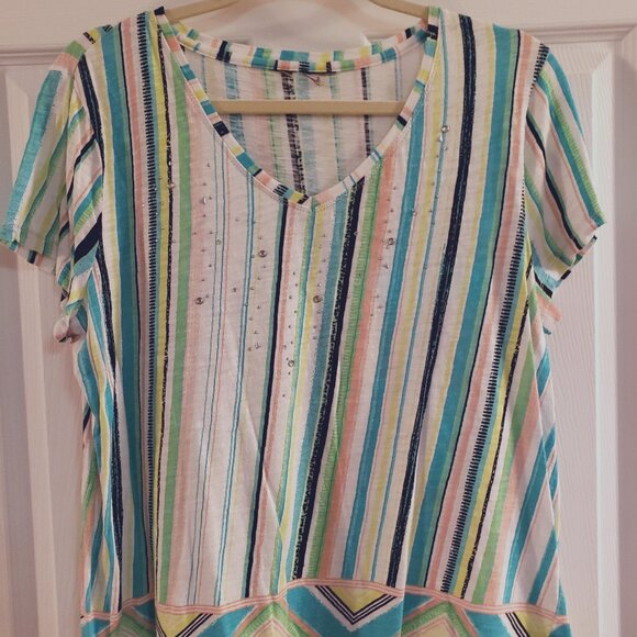 Stripe short sleeve blouse with sparkles, sz PL - Picture 1 of 3